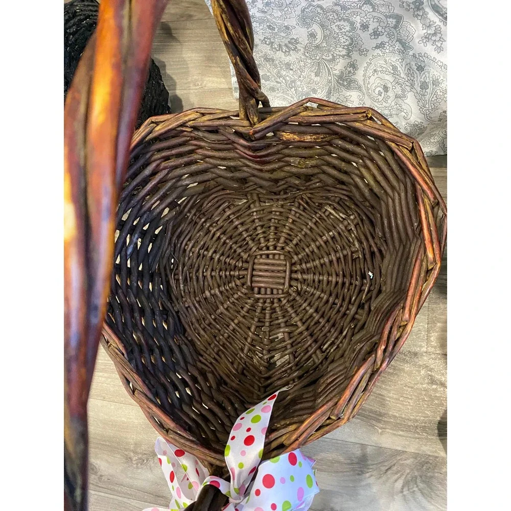 Rustic Heart Shaped Basket, Excelsior, Polka‎ Dot Ribbon Bow, Twisted Handle